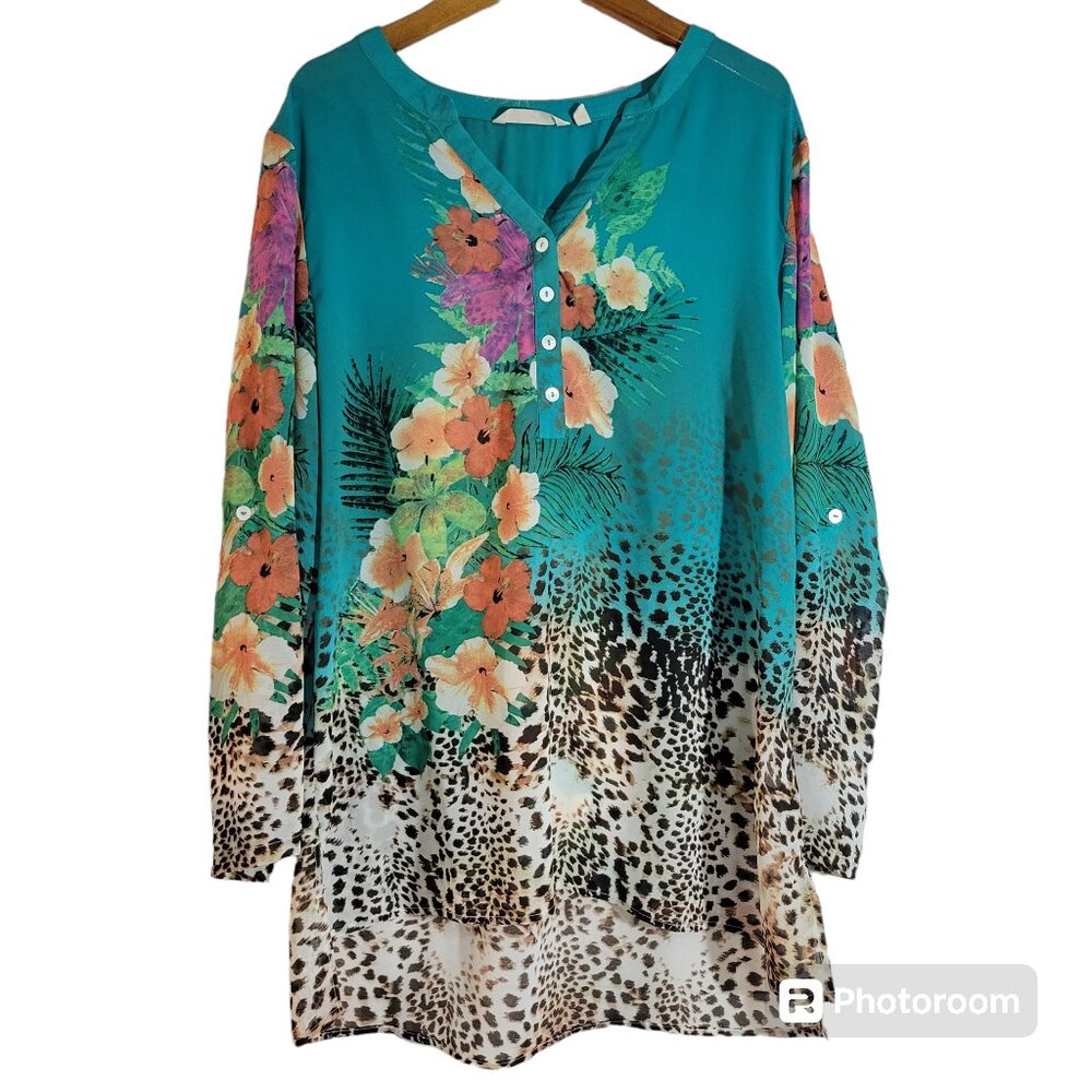 Soft Surroundings Tunic Top Womens Large Floral Cheetah Print Sheer Roll Tab